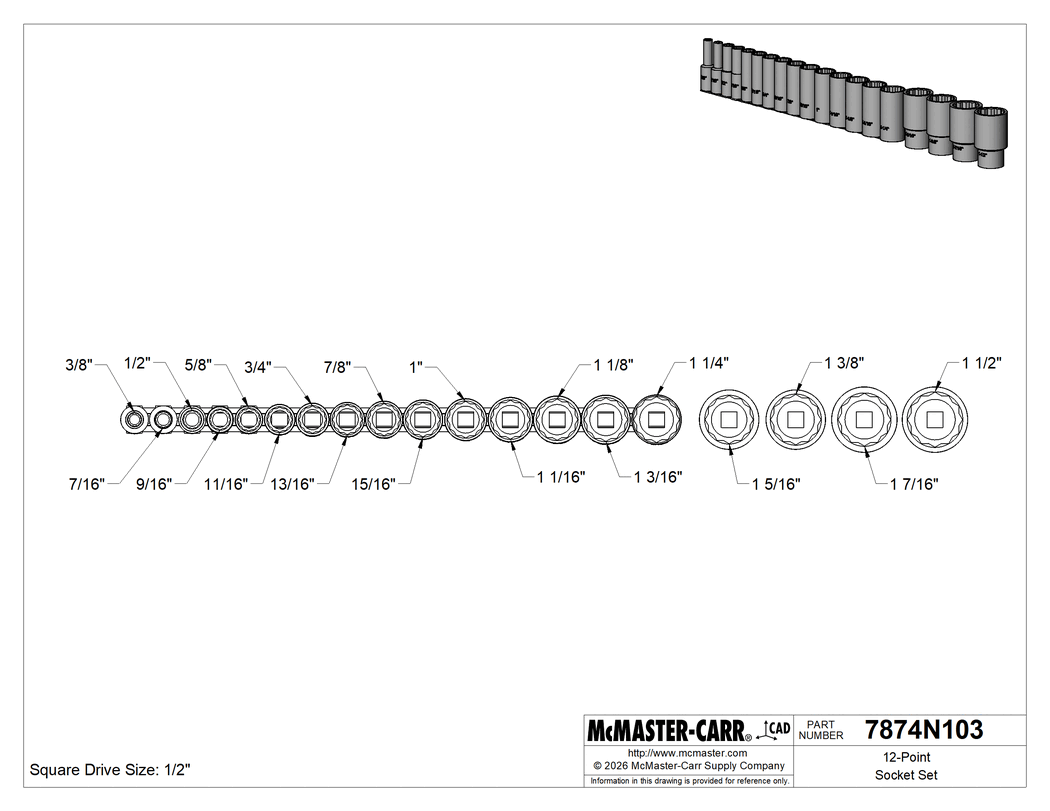 Technical Drawing of 12-Point Socket Set, 1/2" Square Drive, 19 Pieces, Deep.